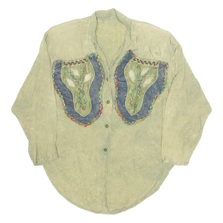 Womens Printed Shirt Green V-Neck Long Sleeve Crazy Pattern L