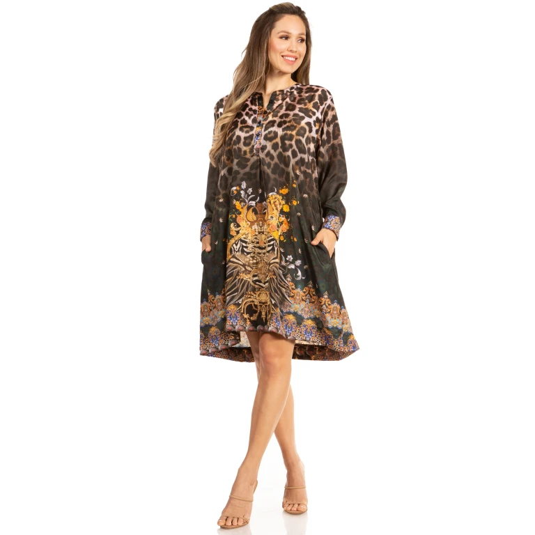 Floral Print Women's Long Sleeve Tunic Dress with Pockets - Sakkas Eloisa