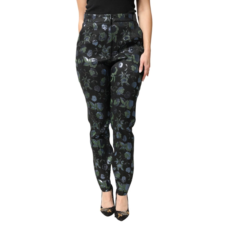 Dolce & Gabbana Bluegreen Floral Metallic Slim Trouser Pants Blue Polyester Metallized Fiber - Women