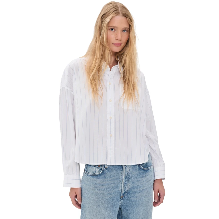 Bailey Cropped Button Down Shirt Light Blue Wide Pinstripe XS