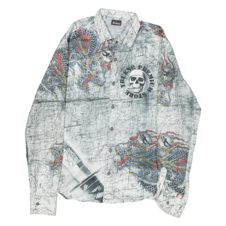 Mens Shirt Grey Crazy Pattern Long Sleeve M