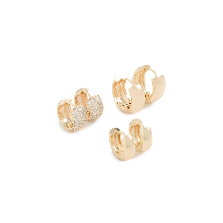 By Adina Eden Solid/Pave Wide Huggie Earrings Combo Set Gold One Size