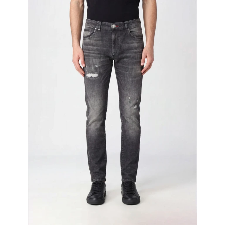 Distressed Slim Fit Skinny Jeans in Cotton Denim with Metal Logo (UAECMDT4245PDE004N10DG)