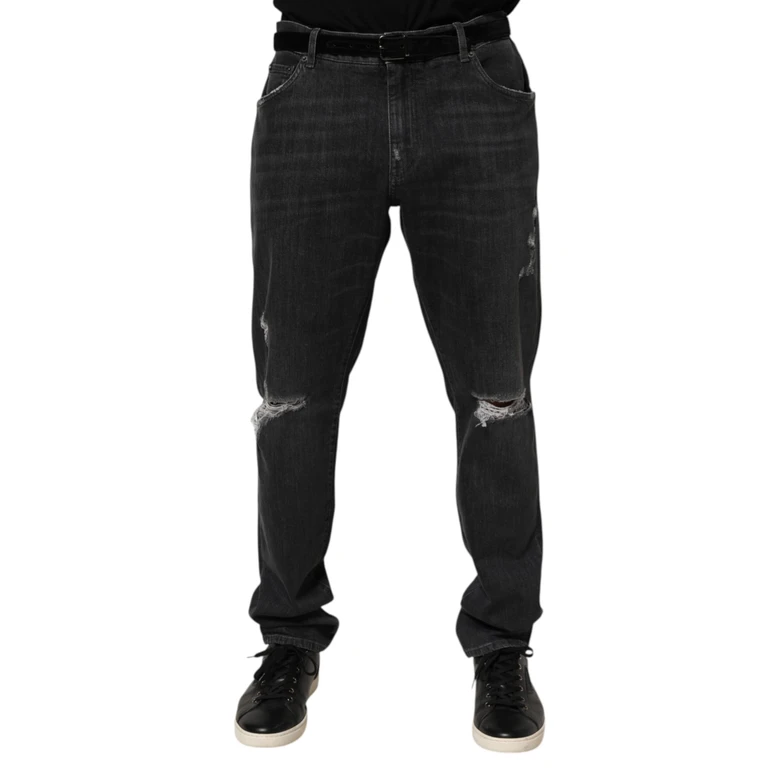 Dolce & Gabbana Black Cotton Slim Fit Distressed Ripped Logo Jeans Blue Clothing - Men