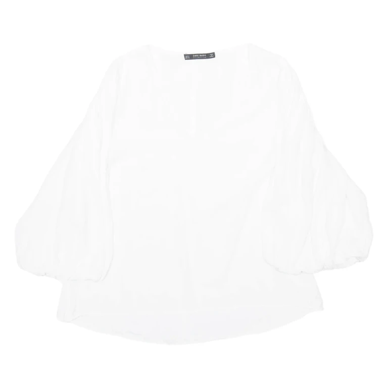 ZARA Womens Blouse White V-Neck Puff Sleeve Viscose M