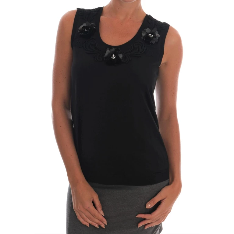 Black Cotton Floral Crystal Tank Top - Women