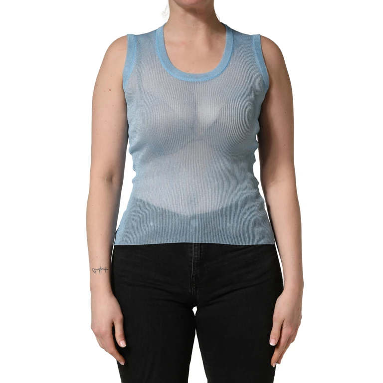 Dolce & Gabbana Blue Semi Sheer Ribbed Sleeveless Tank Top Polyester - Women