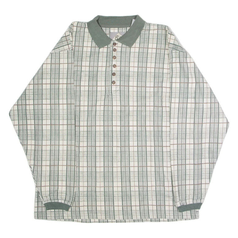 BLUE JEANS Mens Polo Shirt Cream 90s Check Long Sleeve L