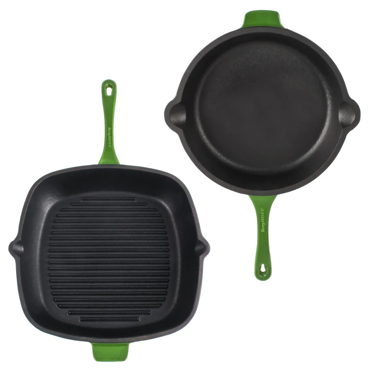 Neo 2pc Cast Iron 10" Fry Pan & 11" Grill Pan Cookware Set, Green