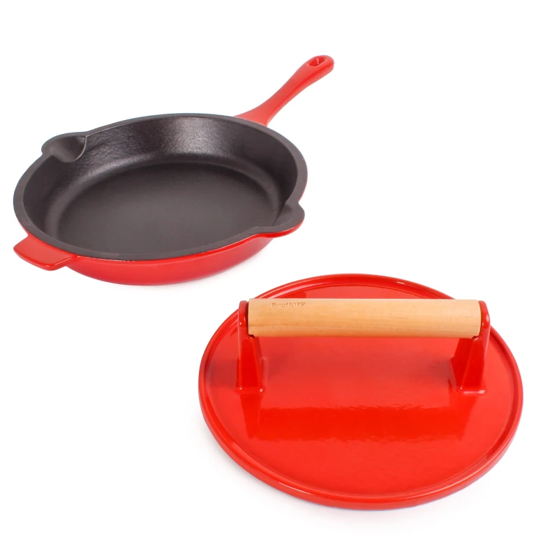 Neo 2pc Cast Iron 10" Fry Pan with Steak Press, Red