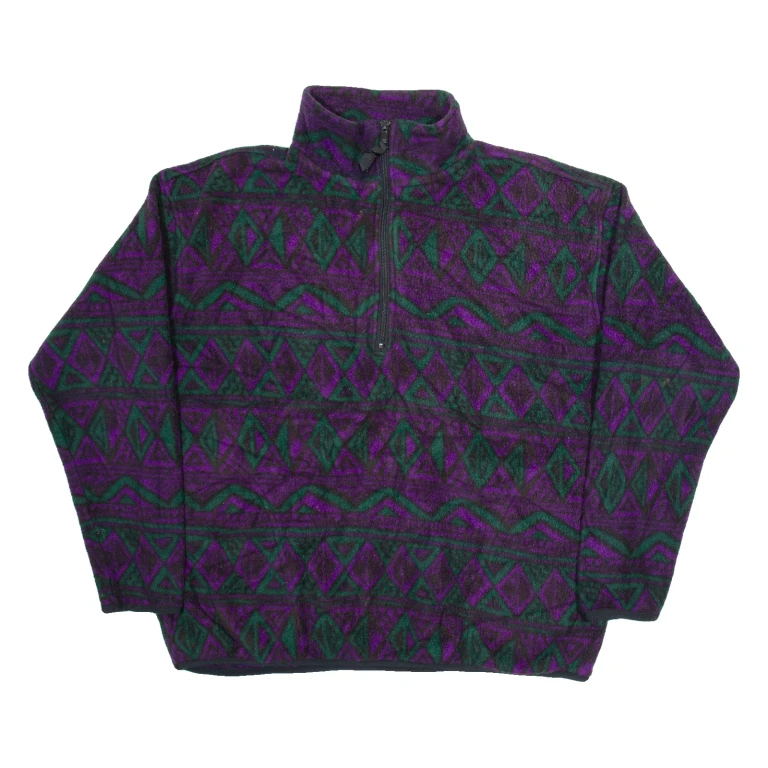 ROUGH DRESS Womens Patterned Fleece Purple Geometric 1/2 Zip Tight Knit L