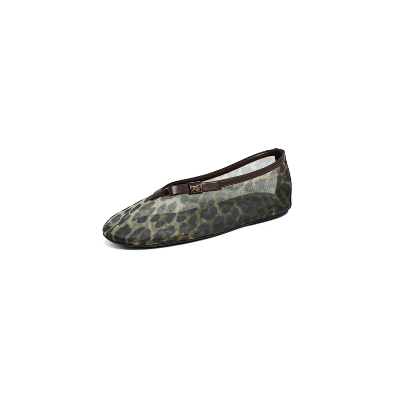 GANNI Jenny Printed Mesh Bow Ballerina Flats Almond Milk 37