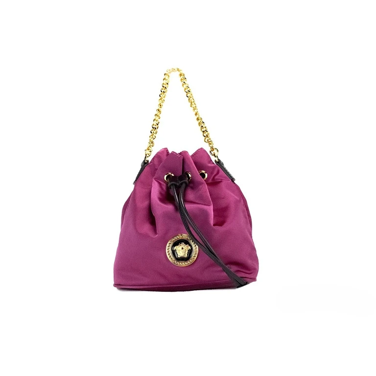Versace Small Dahlia Nylon Medusa Pendant Bucket Chain Crossbody Bag Purse Gold Leather - Women