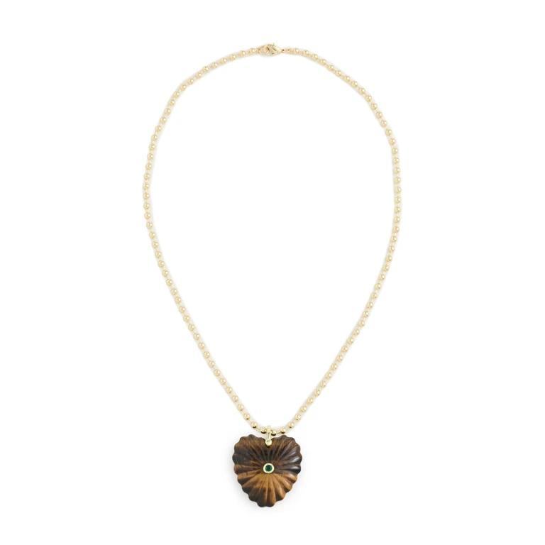 By Adina Eden Cubic Zirconia Bezel Heart Charm Ball Chain Necklace Tiger Eye One Size