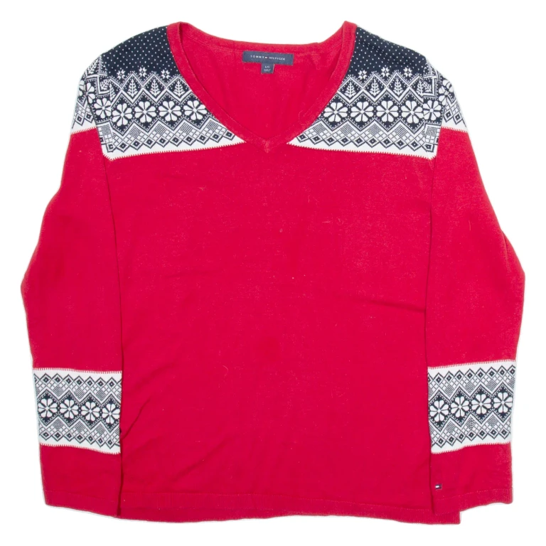 TOMMY HILFIGER Mens Jumper Red V-Neck Tight Knit L
