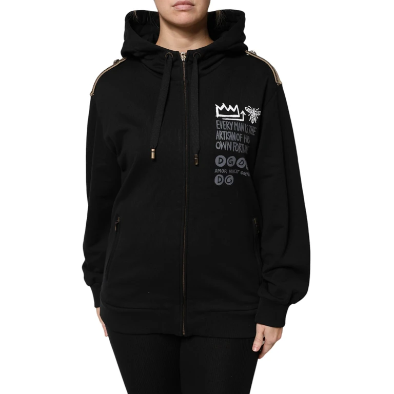 Dolce & Gabbana Black Logo Hooded Full Zip Sweatshirt Jacket Cotton Clothing - Women