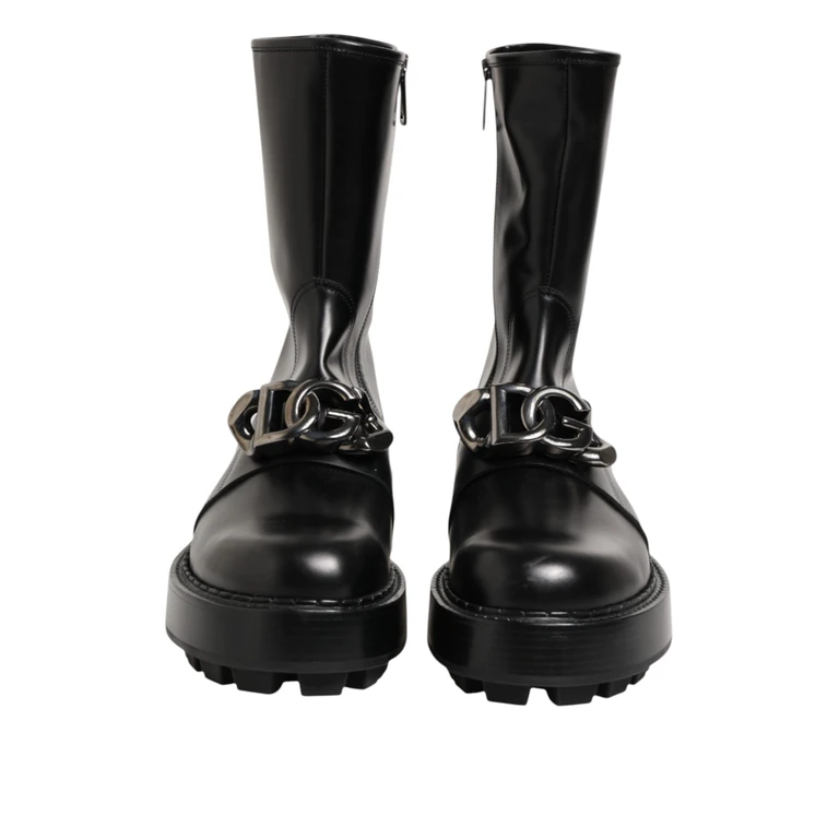 Dolce & Gabbana Black Logo Plaque Mid Calf Biker Boots Shoes 100lf - Men
