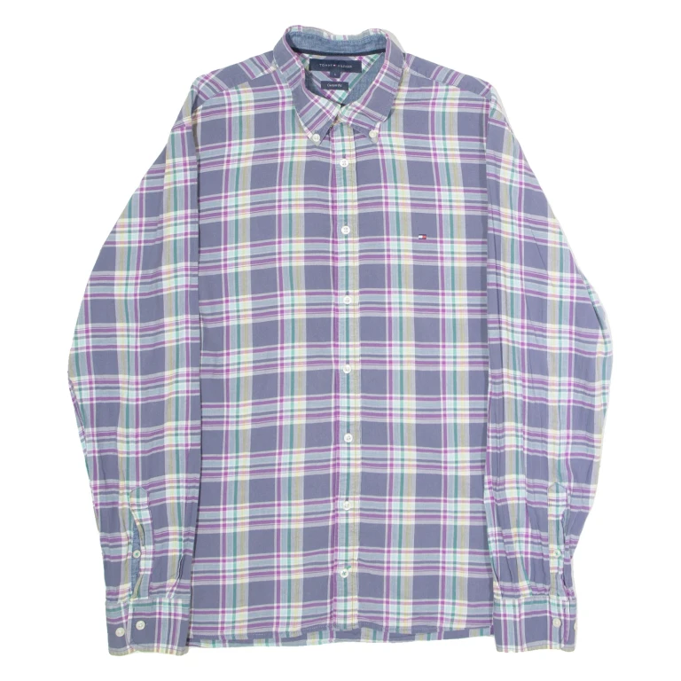 TOMMY HILFIGER Custom Fit Mens Shirt Purple Plaid Long Sleeve L