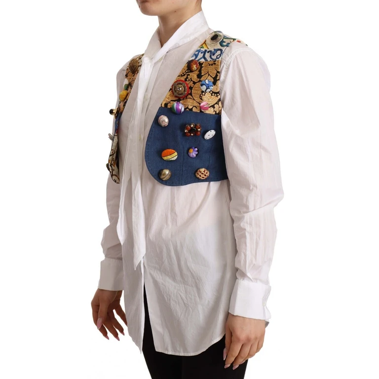 Dolce & Gabbana Multicolor Embellished Waist Coat Cotton Top - Women