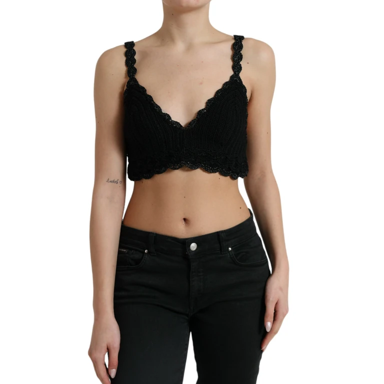 Black Cotton Bustier Cropped Crochet Tank Top Viscose - Women