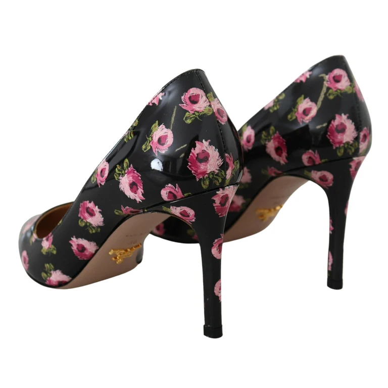Black Leather Floral Heels Stilettos Pumps - Women