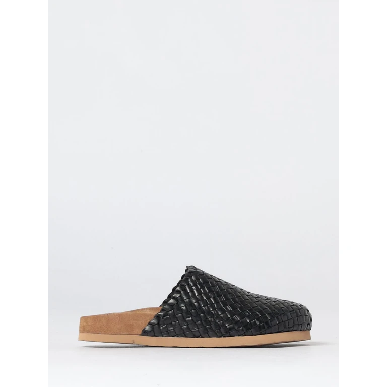 Woven Leather Sabot Mules with Low Heel and Round Toe (65110BLACK)