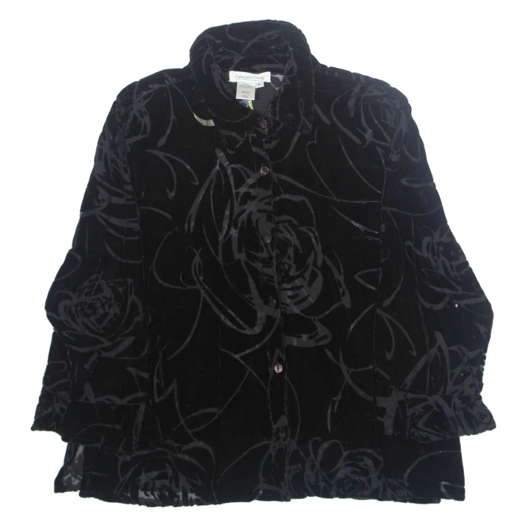 COLDWATER CREEK Womens Blouse Black Collared Long Sleeve Floral L