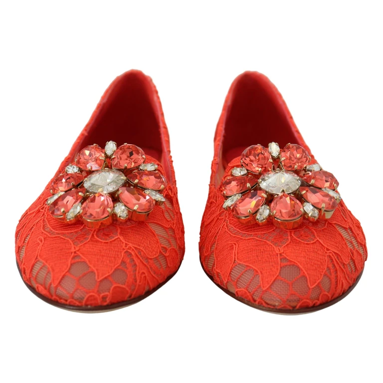Dolce & Gabbana Red Taormina Lace Crystals Ballet Flats Shoes Viscose - Women
