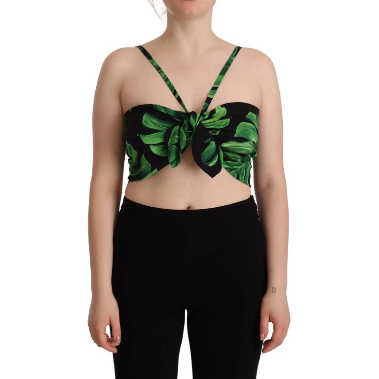 Dolce & Gabbana Black Green Leaf Silk Halter Cropped Top And Elastane - Women