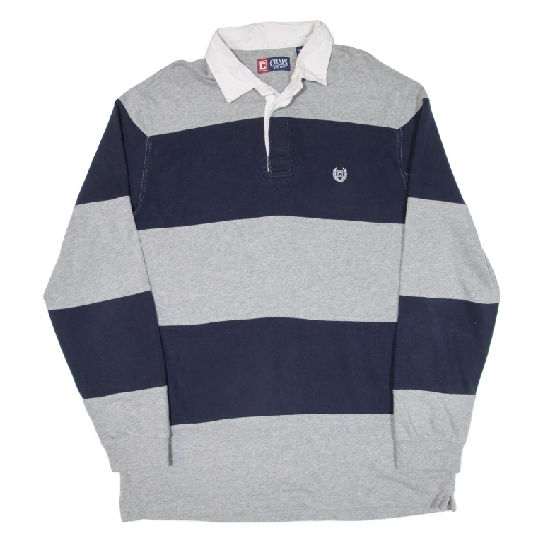 CHAPS Mens Polo Shirt Grey Striped Long Sleeve L