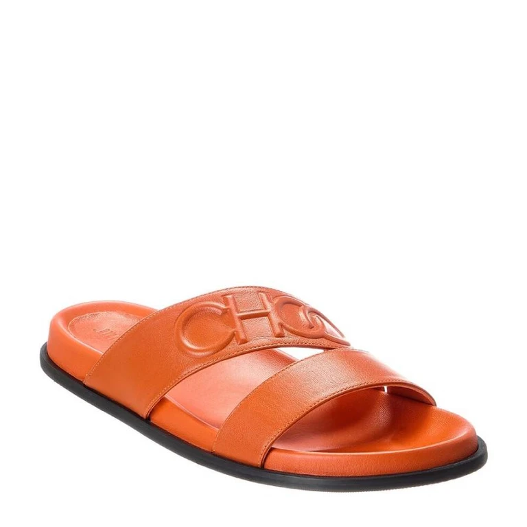 Womens Embossed Logo Leather Slide