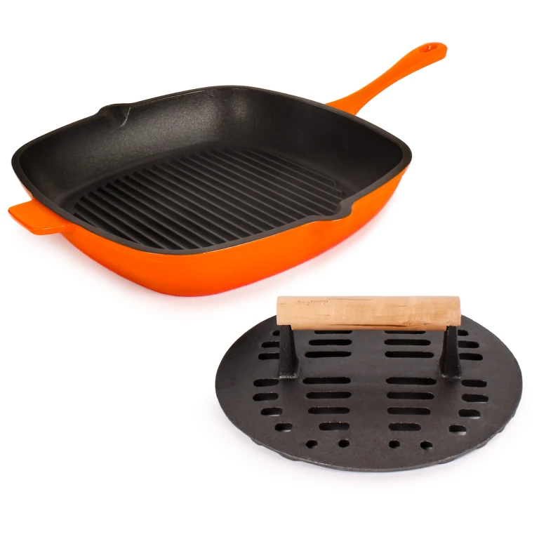 Neo 2pc Cast Iron 11" Grill Pan with Slotted Steak Press, Orange