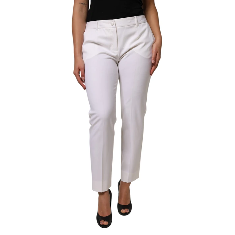 Dolce & Gabbana White Wool Mid Waist Tapered Pants Virgin Nylon Elastane - Women