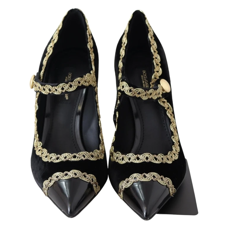 Black Velvet Gold Mary Janes Pumps - Women