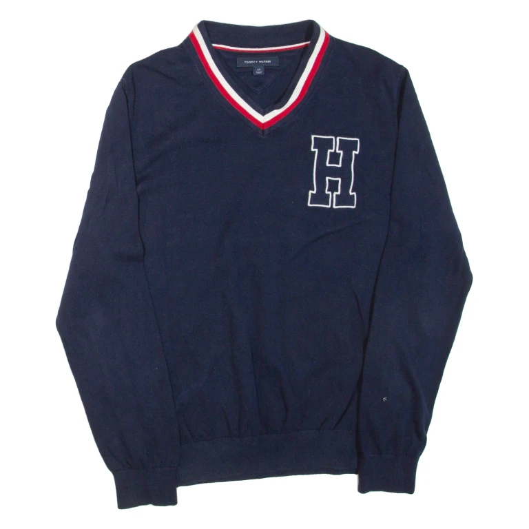 TOMMY HILFIGER Mens Jumper Blue V-Neck Tight Knit L