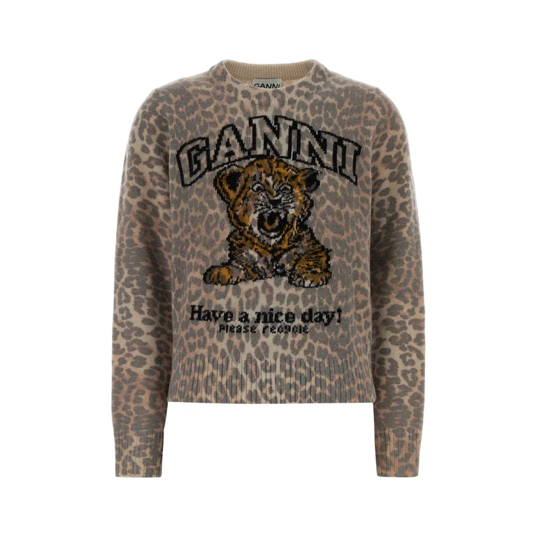 Ganni Printed Wool Blend Sweater Almond Milk Maglieria - Women