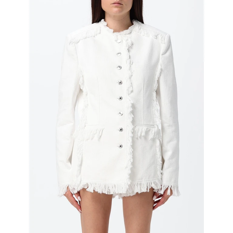 MSGM Fringed Cotton Cropped Jacket with Crew Neck and Slit Pockets (4042MDG01267308OFFWHITE)