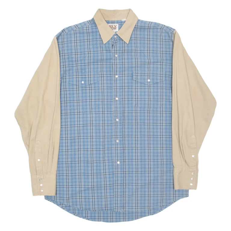 ELY CATTLEMAN Mens Denim Shirt Blue Check Long Sleeve L