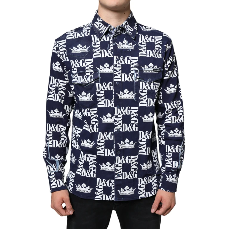 Dolce & Gabbana Blue Crown Logo Print Slim Fit Cotton Shirt And White Elastane - Men