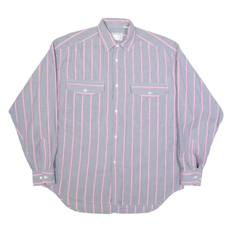 HARRYLAND Mens Shirt Grey 90s Striped Long Sleeve M