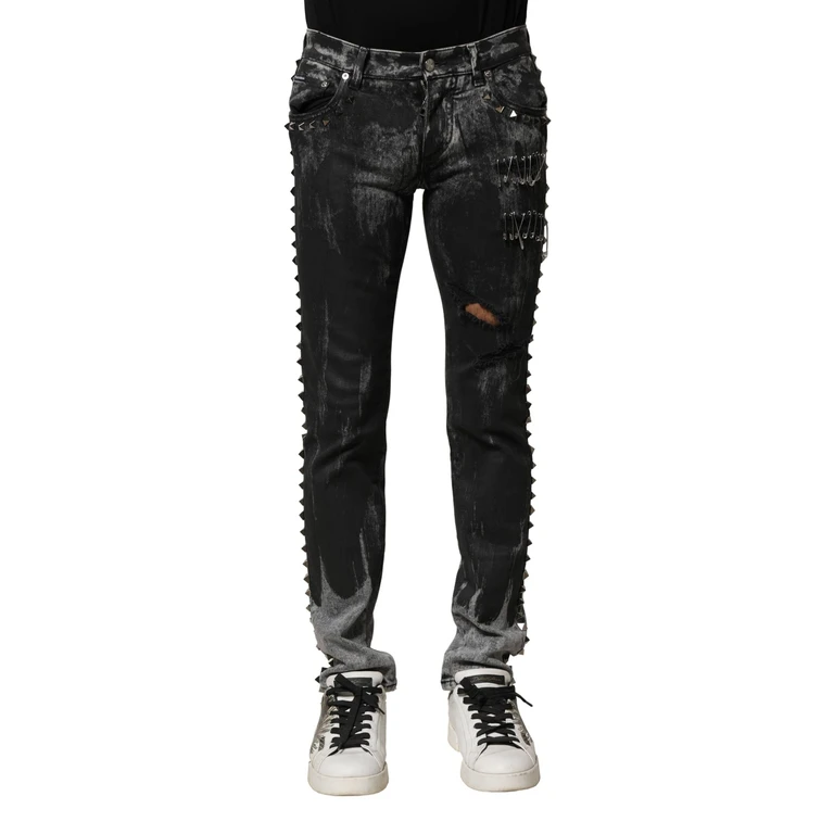 Dolce & Gabbana Black Washed Embellished Skinny Denim Jeans Cotton Elastane Clothing - Men