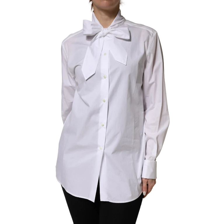 Dolce & Gabbana White Cotton Bow Tie Long Sleeves Blouse Top - Women