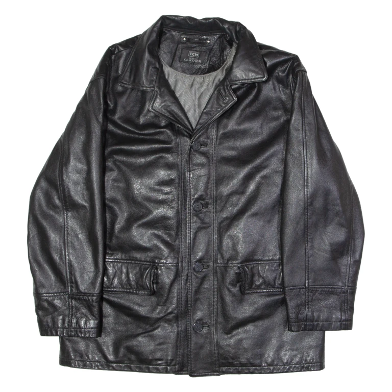 TCM Mens Trench Jacket Black Leather 90s L