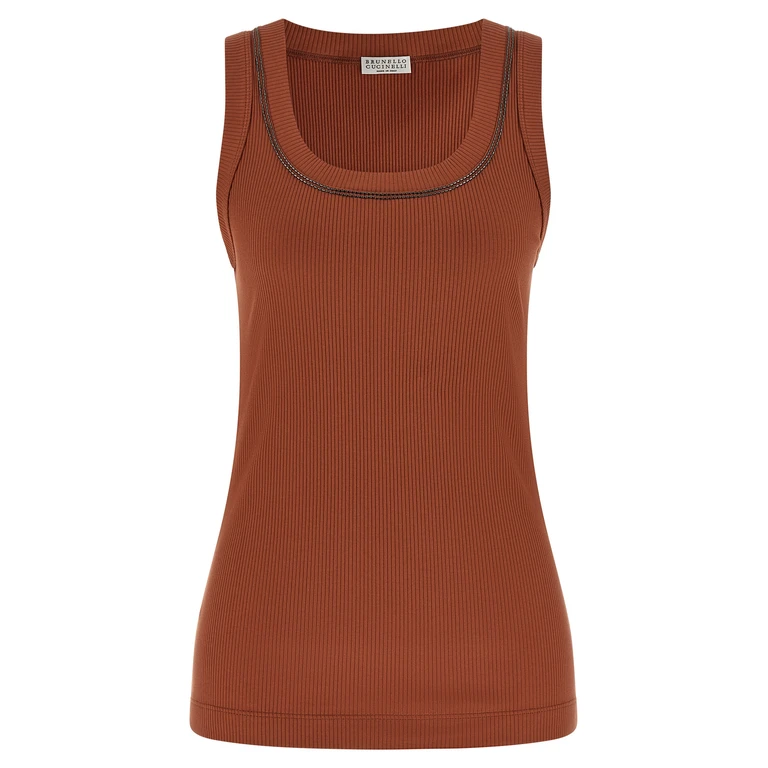 Brunello Cucinelli Brown Cotton Sleeveles T-Shirt - Women