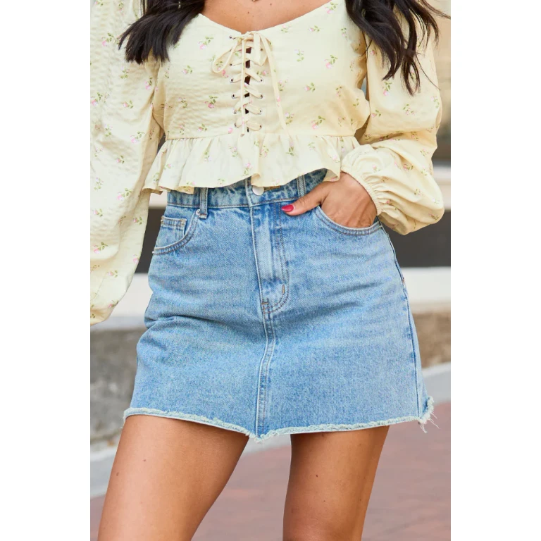 Sarah Frayed Hem Medium Wash Denim Mini Skirt