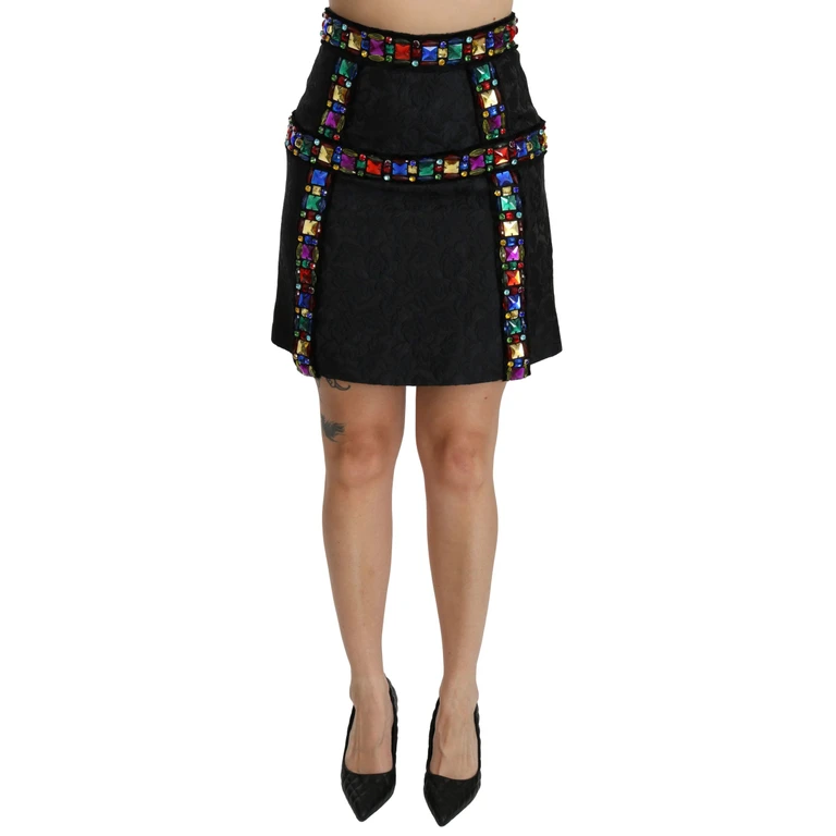 Black Crystal Embellished High Waist Skirt Polyester Silk Acrylic - Women
