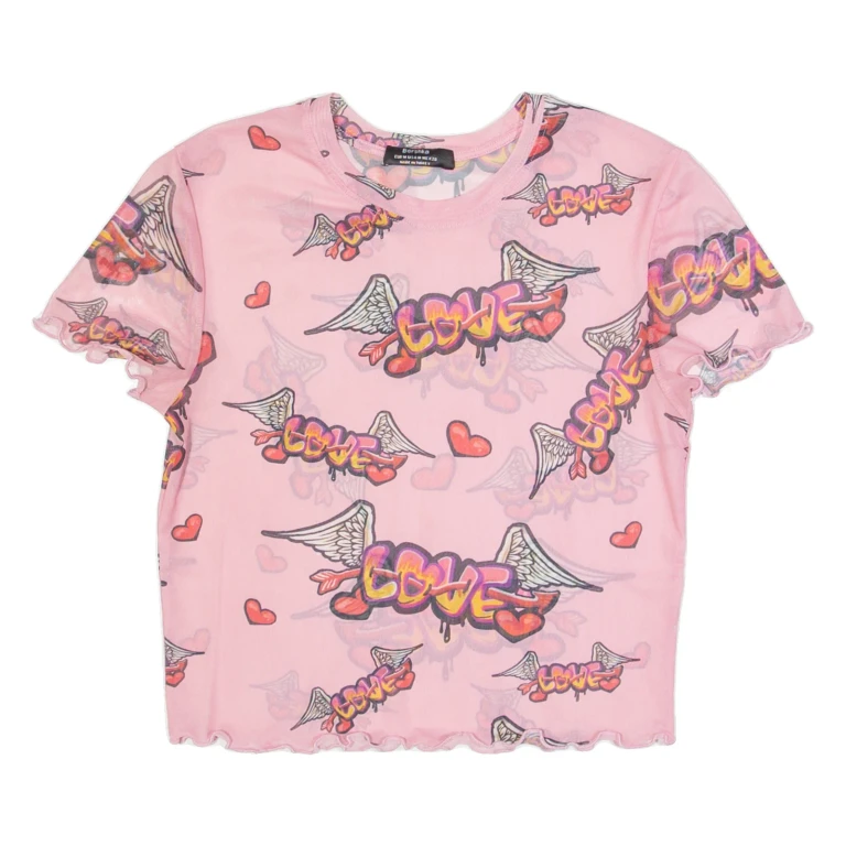 BERSHKA Graffiti Mesh Womens Printed Top Pink M