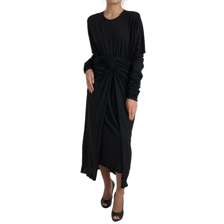 Black Wool Wrap Sheath Midi Gown Dress - Women