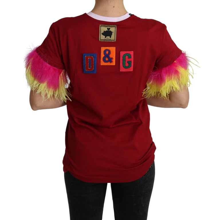 Red Pig Print Feather Sleeves T-Shirt Top Cotton - Women