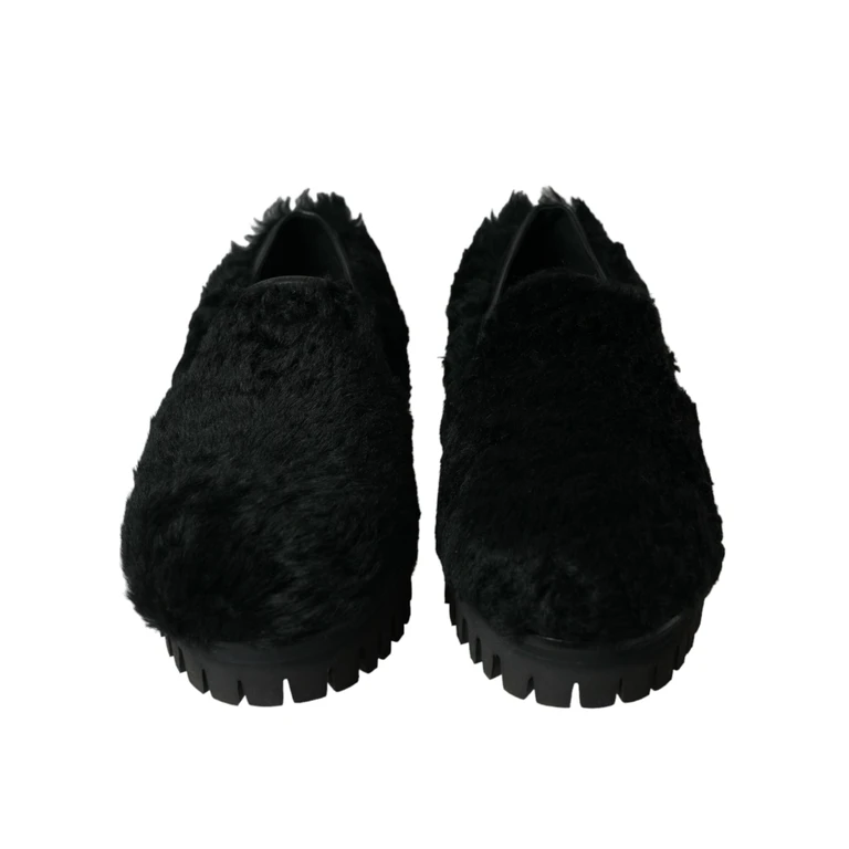 Dolce & Gabbana Black Fur Leather Slippers Dress Shoes Lamb - Men